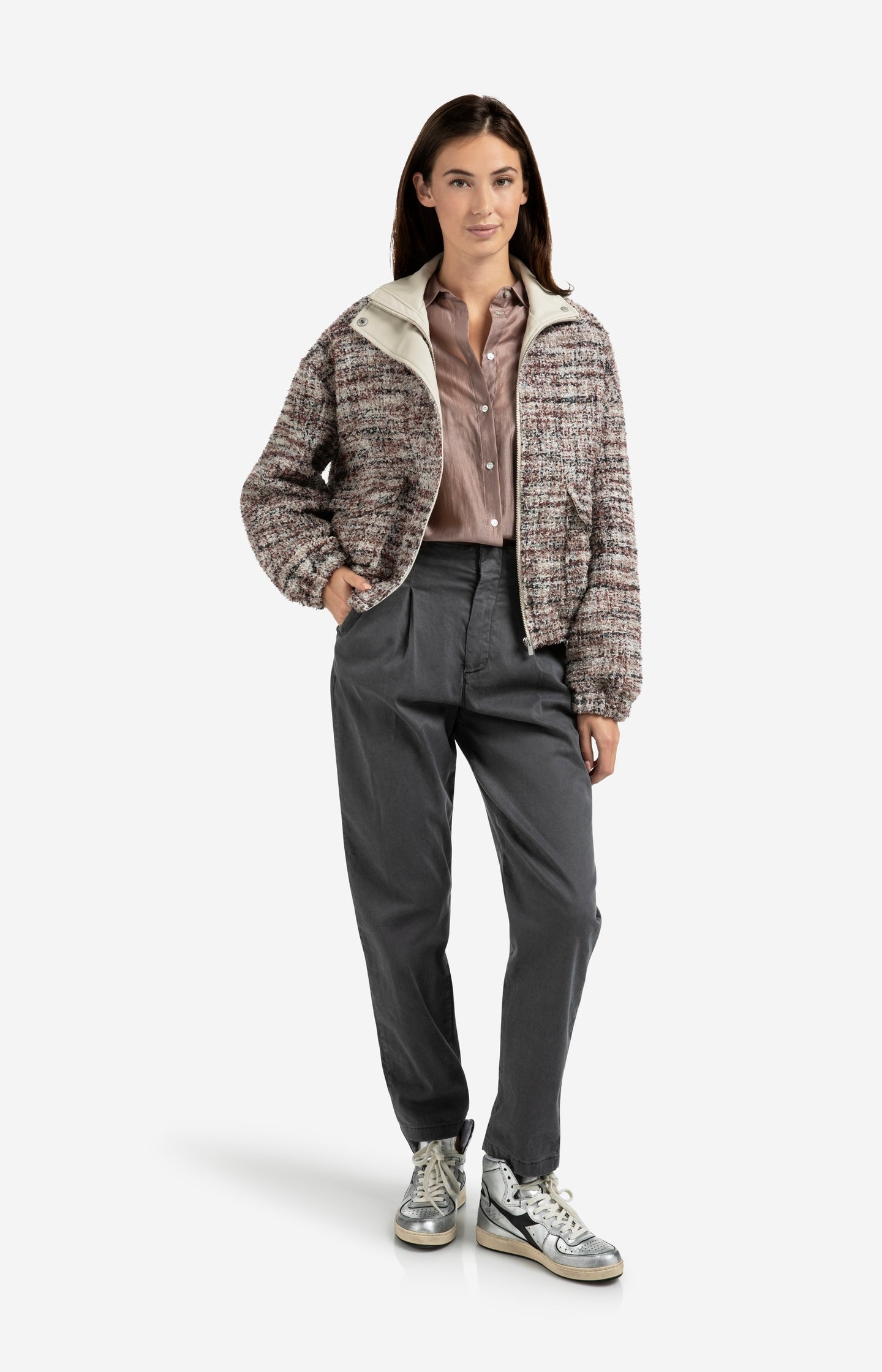 Bouclé jacket with fringes and stand-up collar - Type: lookbook