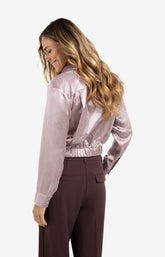 Cropped satin blouse with draping and elastic hem