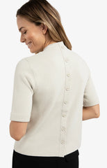 Fine knit sweater with back button detail and short sleeves