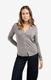 Jersey blouse in melange fabric with V-neck and buttons