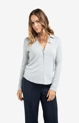 Jersey blouse in melange fabric with V-neck and buttons