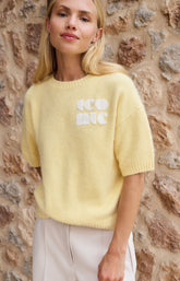 Knitted short sleeve sweater with artwork