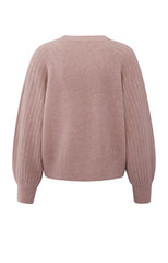 Knitted sweater with ribbed sleeves and round neck
