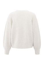 Knitted sweater with ribbed sleeves and round neck
