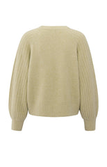 Knitted sweater with ribbed sleeves and round neck