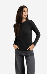 Long sleeve top with suedine trim neckline