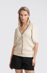 Ribbed cardigan with stich detail and short sleeves-01-010108-505 SUMMER SAND