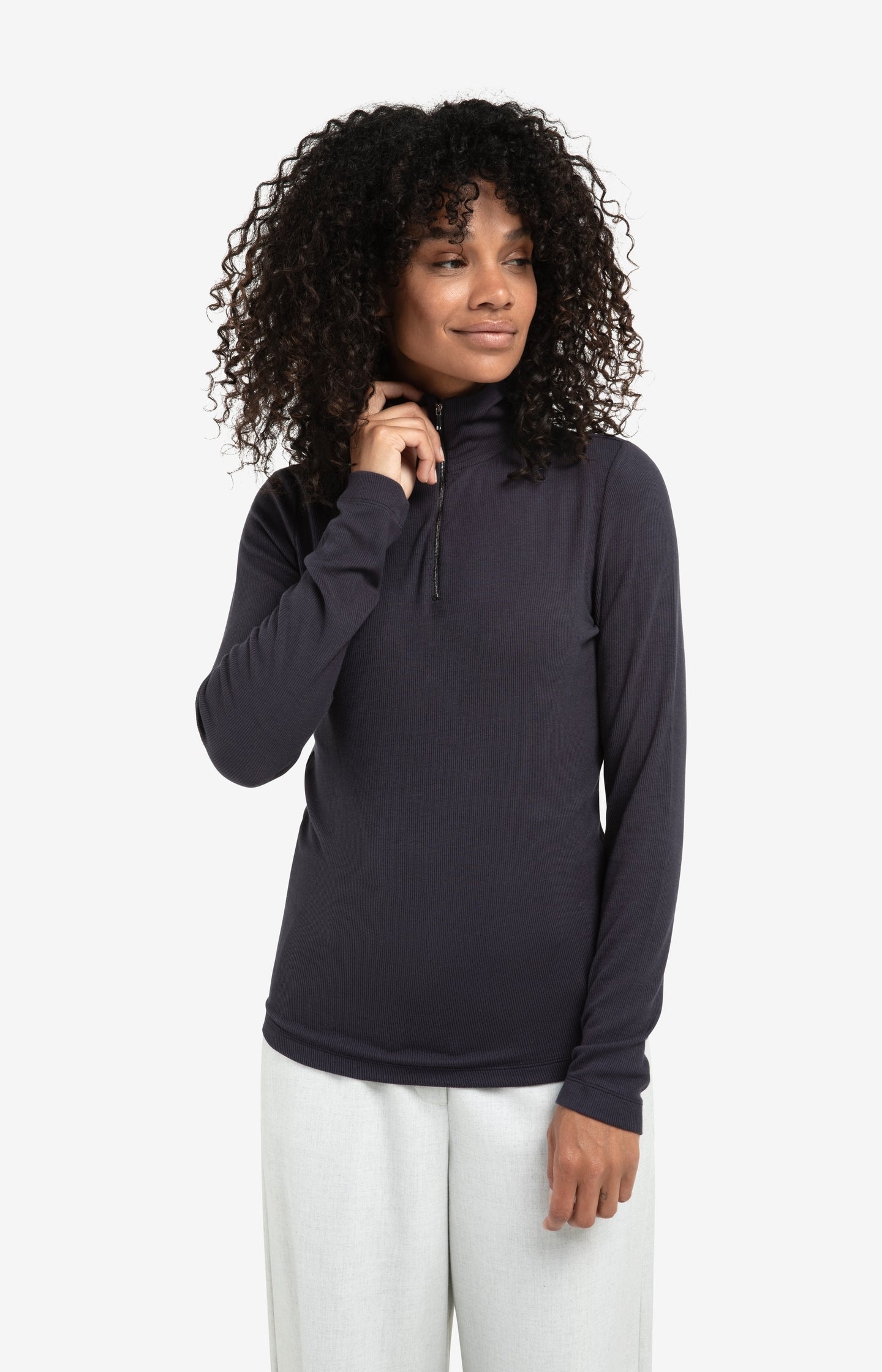 Ribbed long sleeve top with zip collar