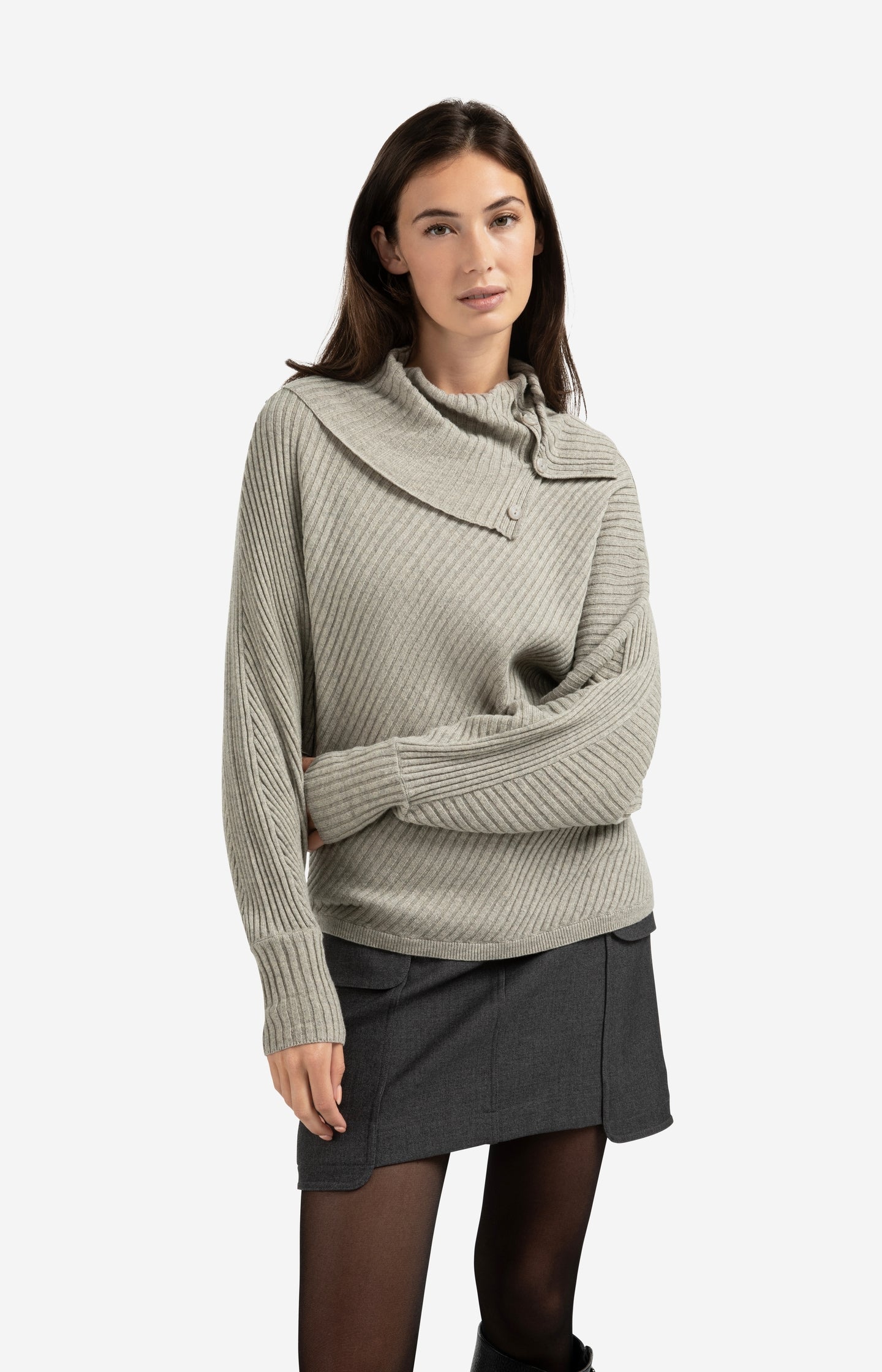 Ribbed sweater with batwing sleeves and high collar - Type: lookbook