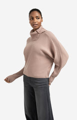 Ribbed sweater with batwing sleeves and high collar