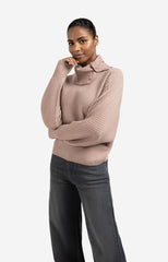 Ribbed sweater with batwing sleeves and high collar