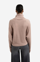 Ribbed sweater with batwing sleeves and high collar
