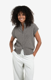 Sleeveless zip-up cardigan with stand-up collar