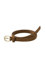 Slim suede belt with gold buckle 03-403034-502 Cognac