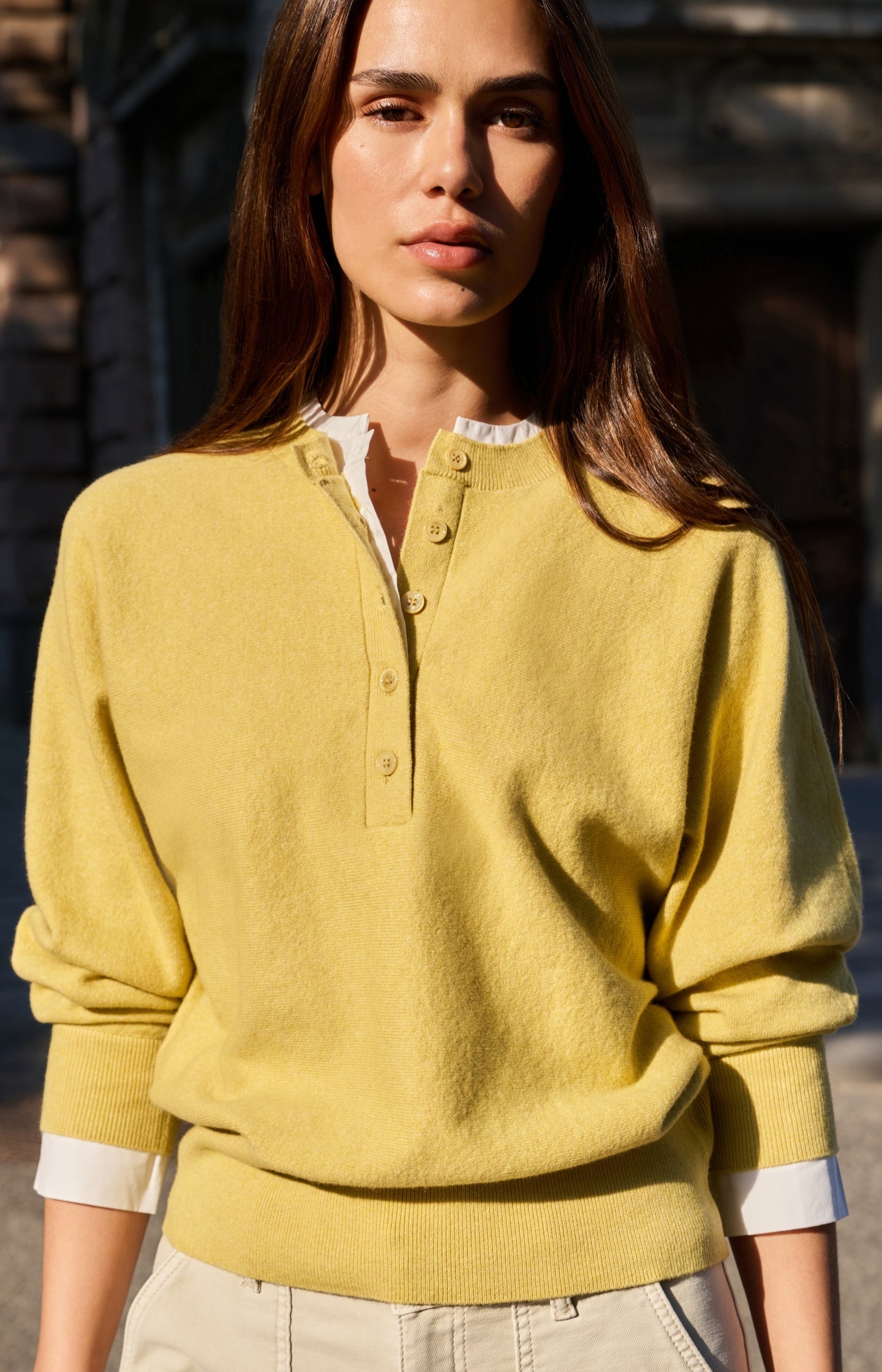 Sweater with inserted blouse collar and button detail - Type: lookbook