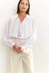 Subtle shiny blouse with double layer and balloon sleeves 01-201145-504 Pure White