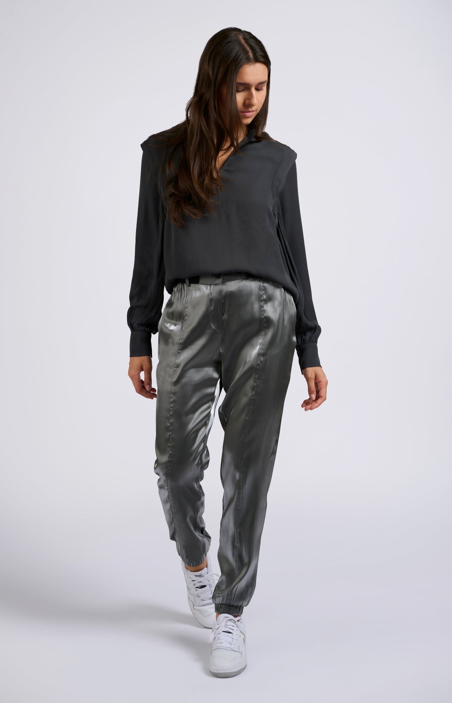Black blouse with long sleeves, pleats and high turtleneck 01-701219-408 Anthracite