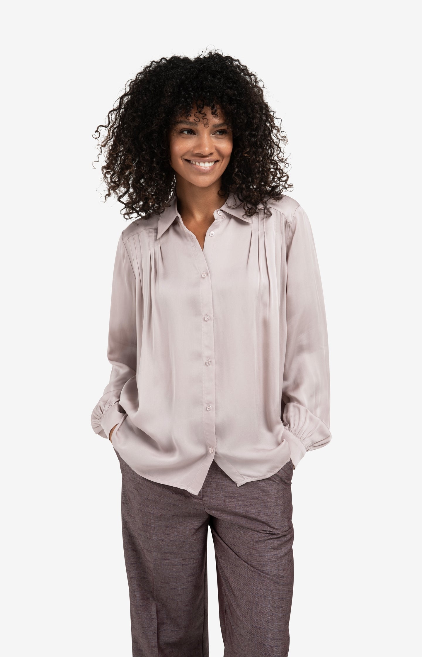 Blouse with pleated details and satin finish