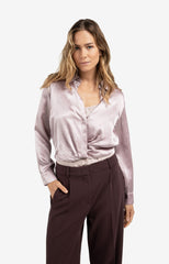 Cropped satin blouse with draping and elastic hem