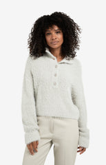 Fluffy cropped sweater with stand-up collar and buttons
