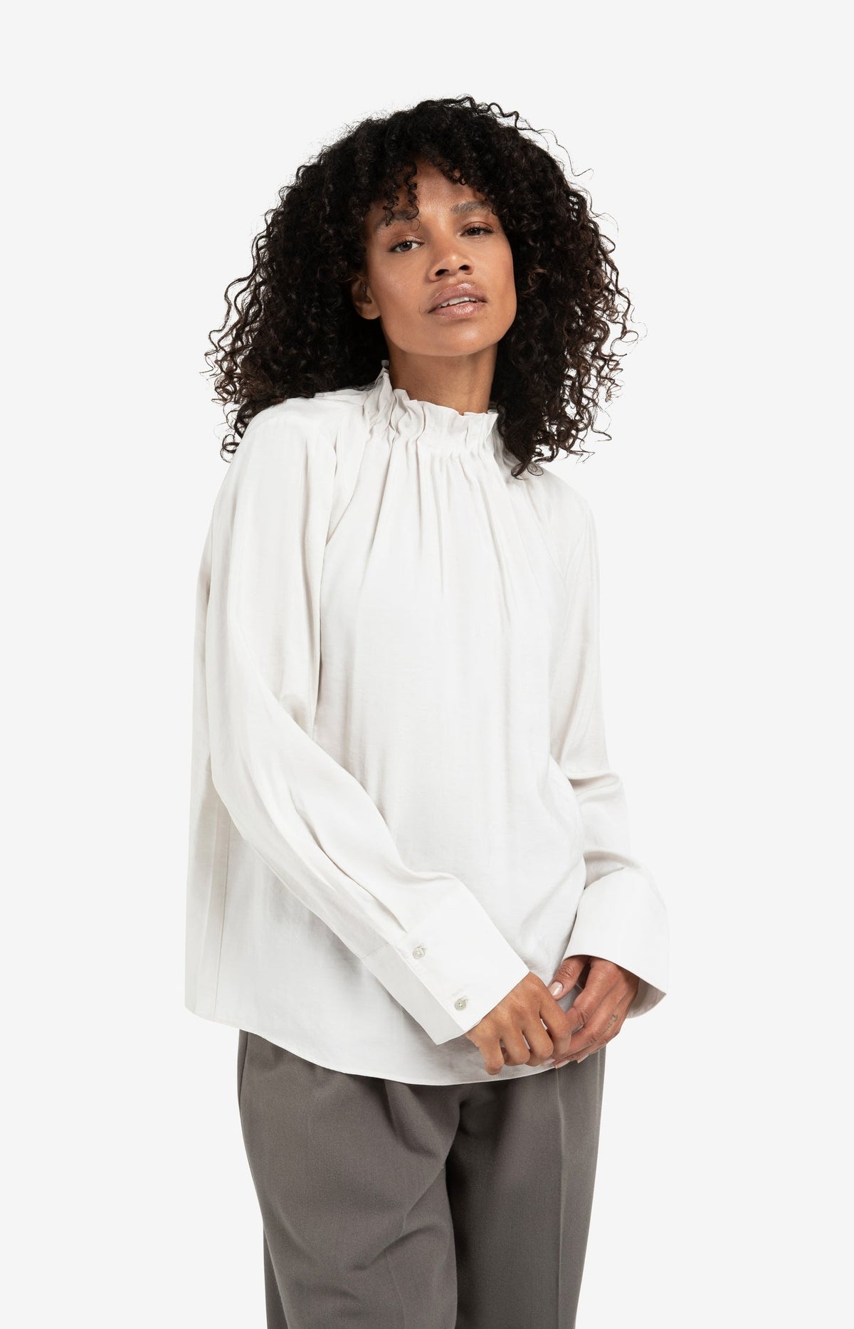 High neck top with drawstring hem