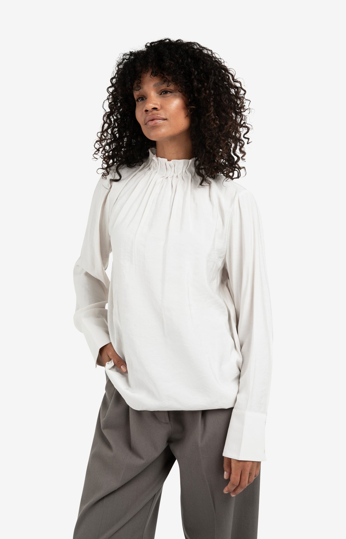 High neck top with drawstring hem