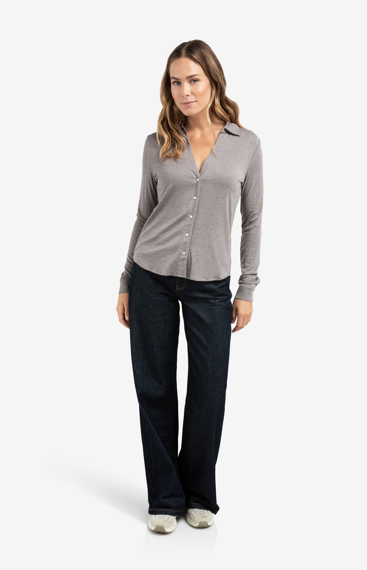 Jersey blouse in melange fabric with V-neck and buttons - Type: lookbook