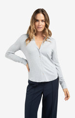 Jersey blouse in melange fabric with V-neck and buttons