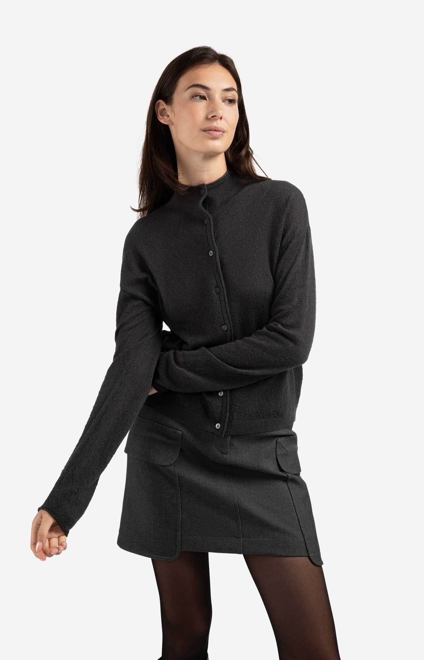 Knitted cardigan with high neckline and button closure