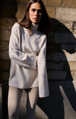 Knitted sweater with high neck and wide rib trims