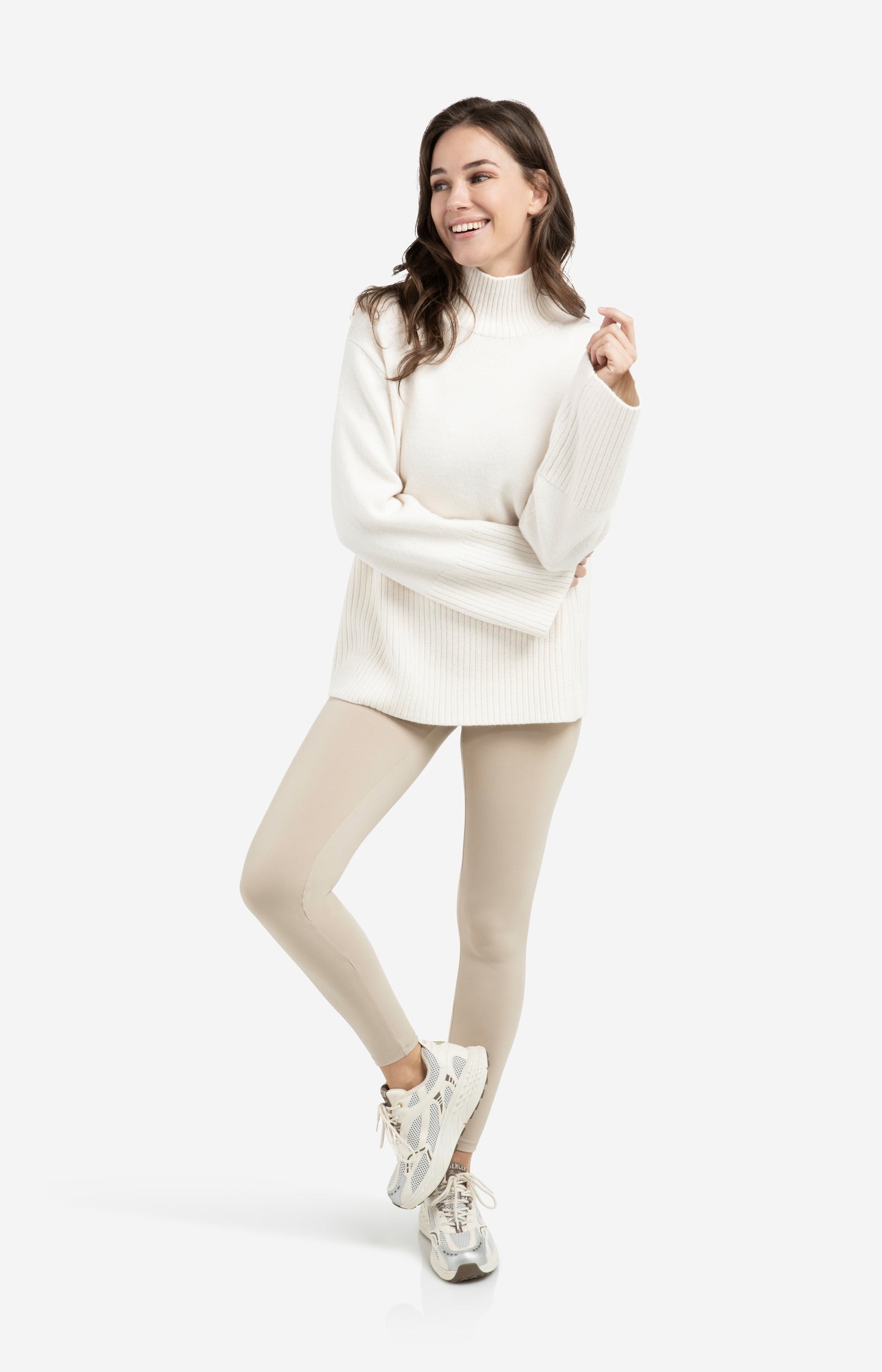 Knitted sweater with high neck and wide rib trims
