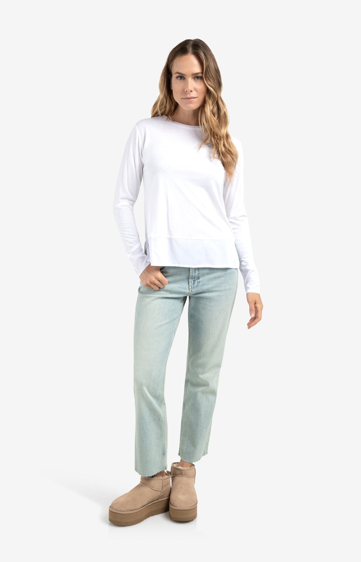 Long sleeve top with woven hem and cuff details - Type: lookbook