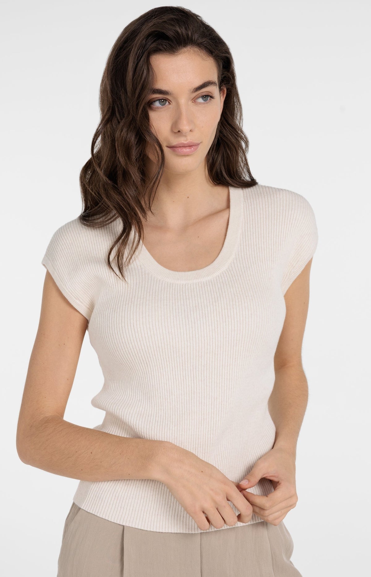 Ribbed knit top with deep round neckline