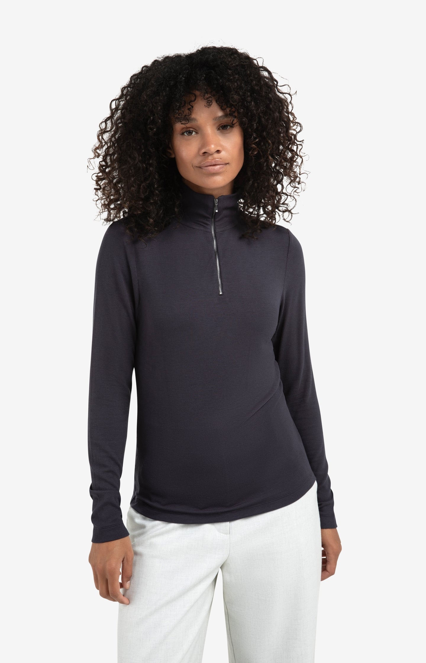 Ribbed long sleeve top with zip collar