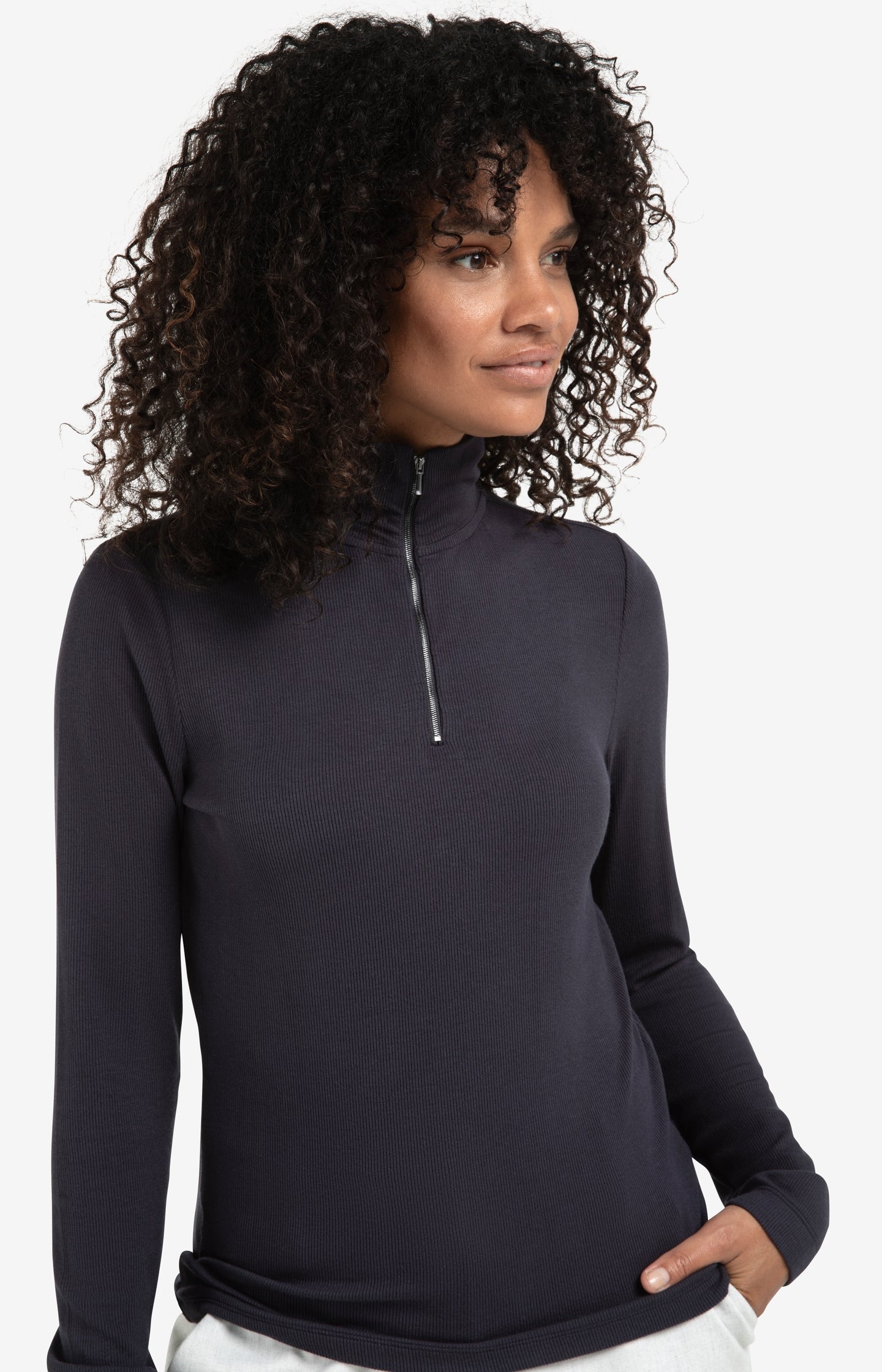 Ribbed long sleeve top with zip collar