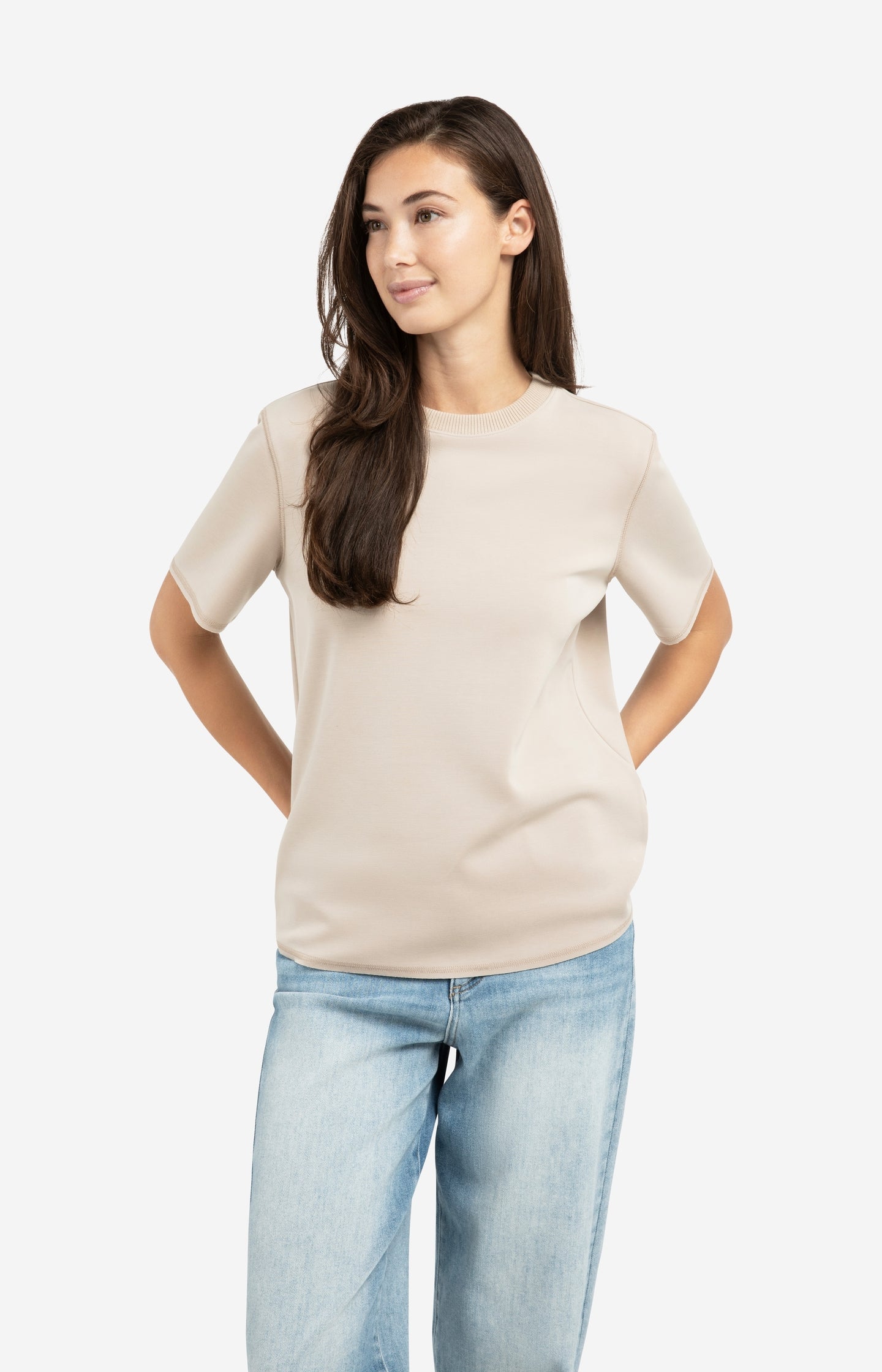 Short sleeve sweatshirt with ribbed knit neckline