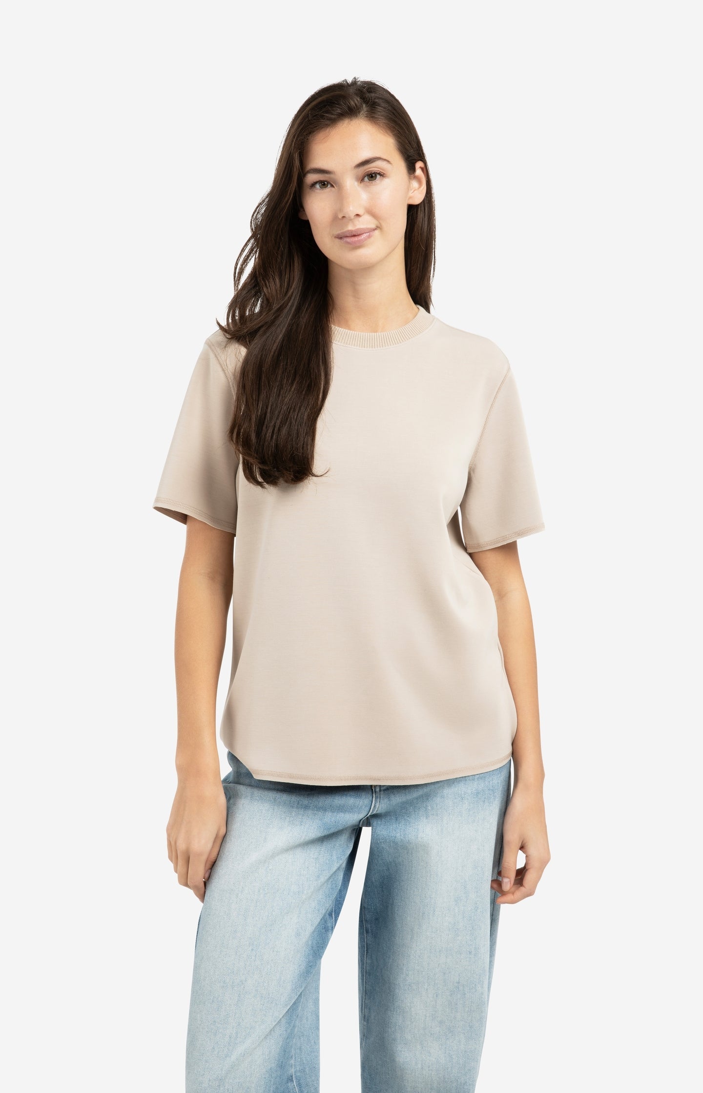 Short sleeve sweatshirt with ribbed knit neckline
