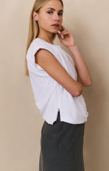 Sleeveless top with shoulder pads and pleat detail