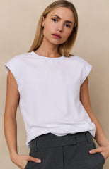 Sleeveless top with shoulder pads and pleat detail