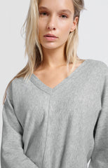 Soft sweater with V-neck and batwing sleeves - Medium Grey Melange