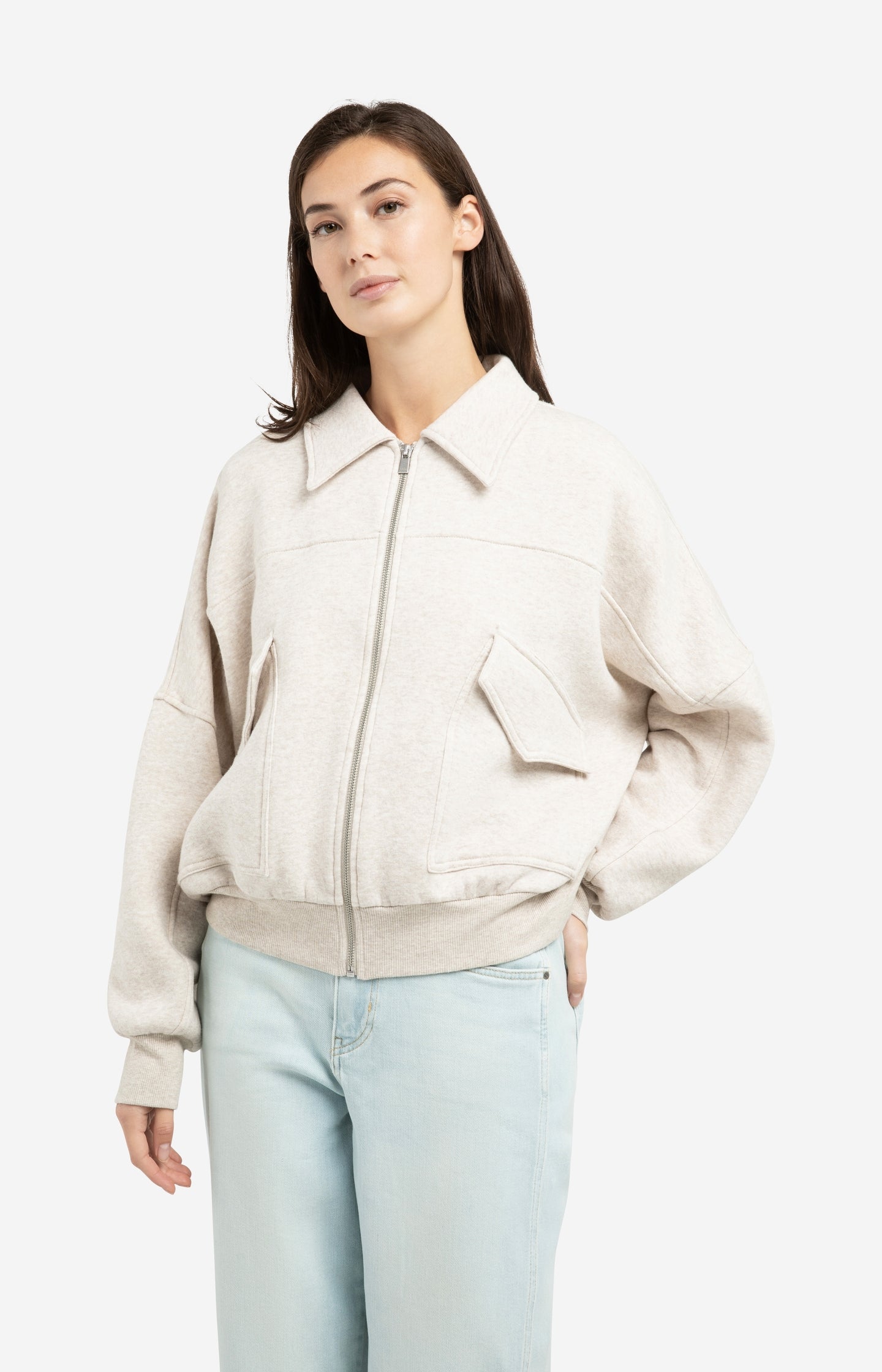 Sweat jacket with patch pockets and zip front closure