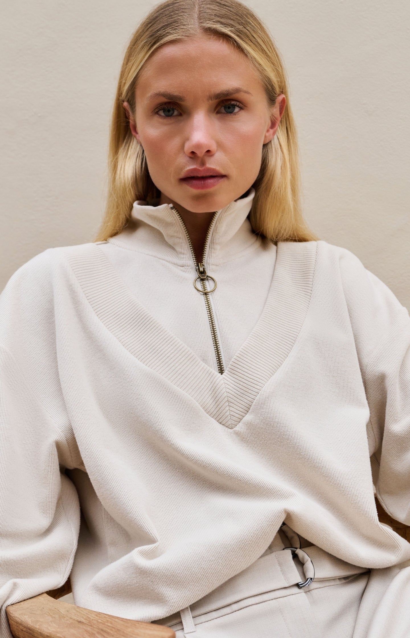 Sweater with half zipper and double collar