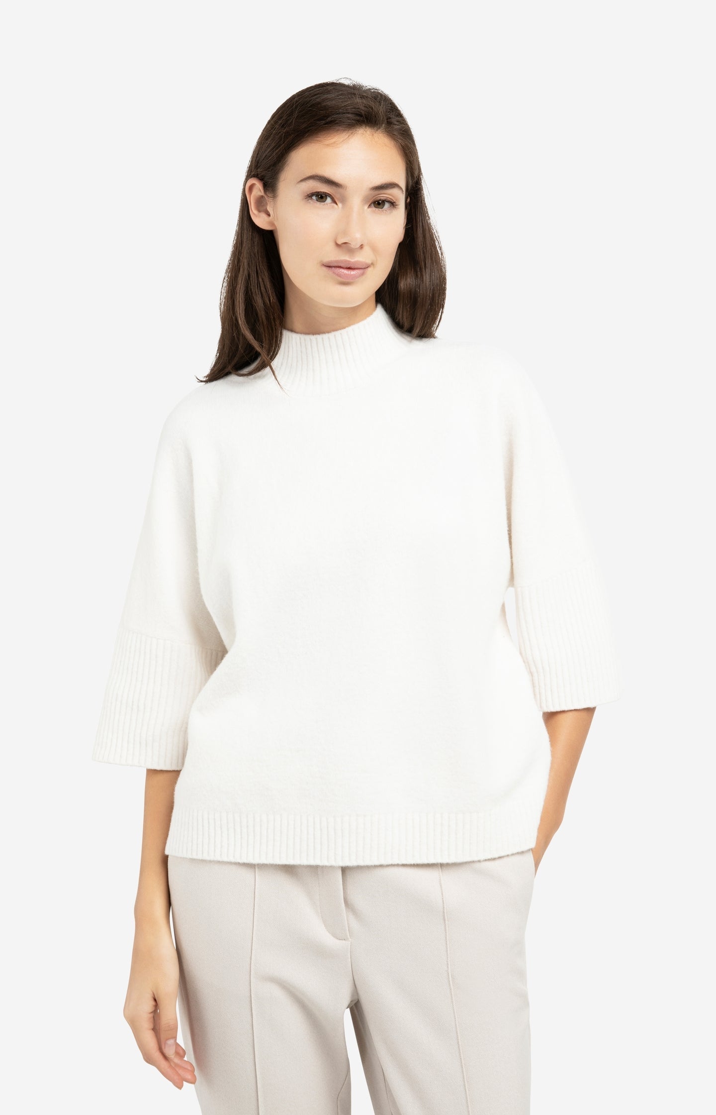 Sweater with ribbed three-quarter sleeves and mock neck